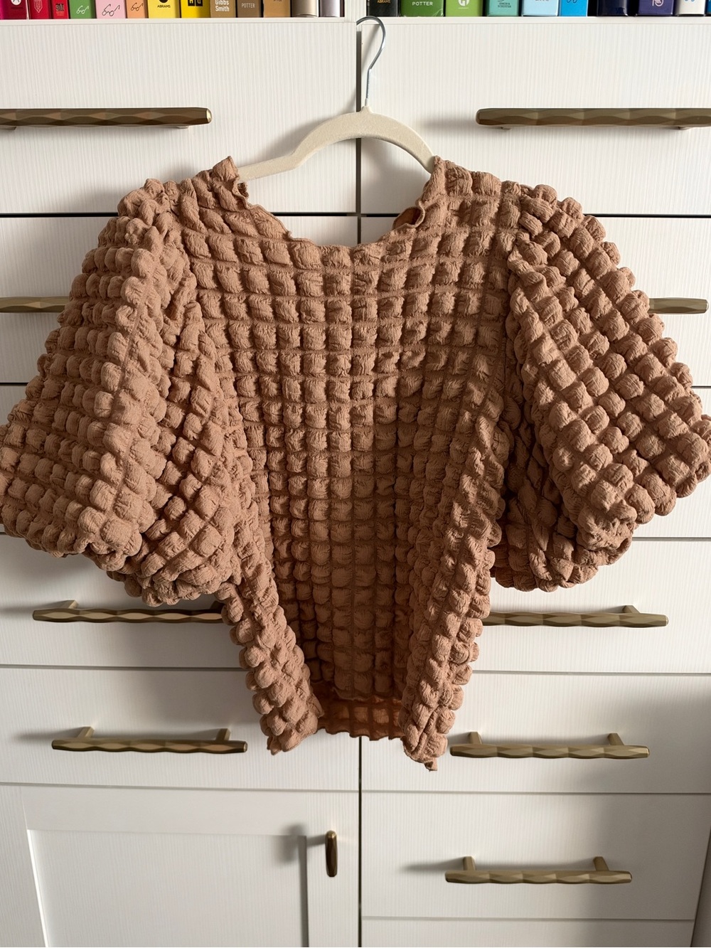Bohme Textured Camel Bubble Sleeve Blouse Size S